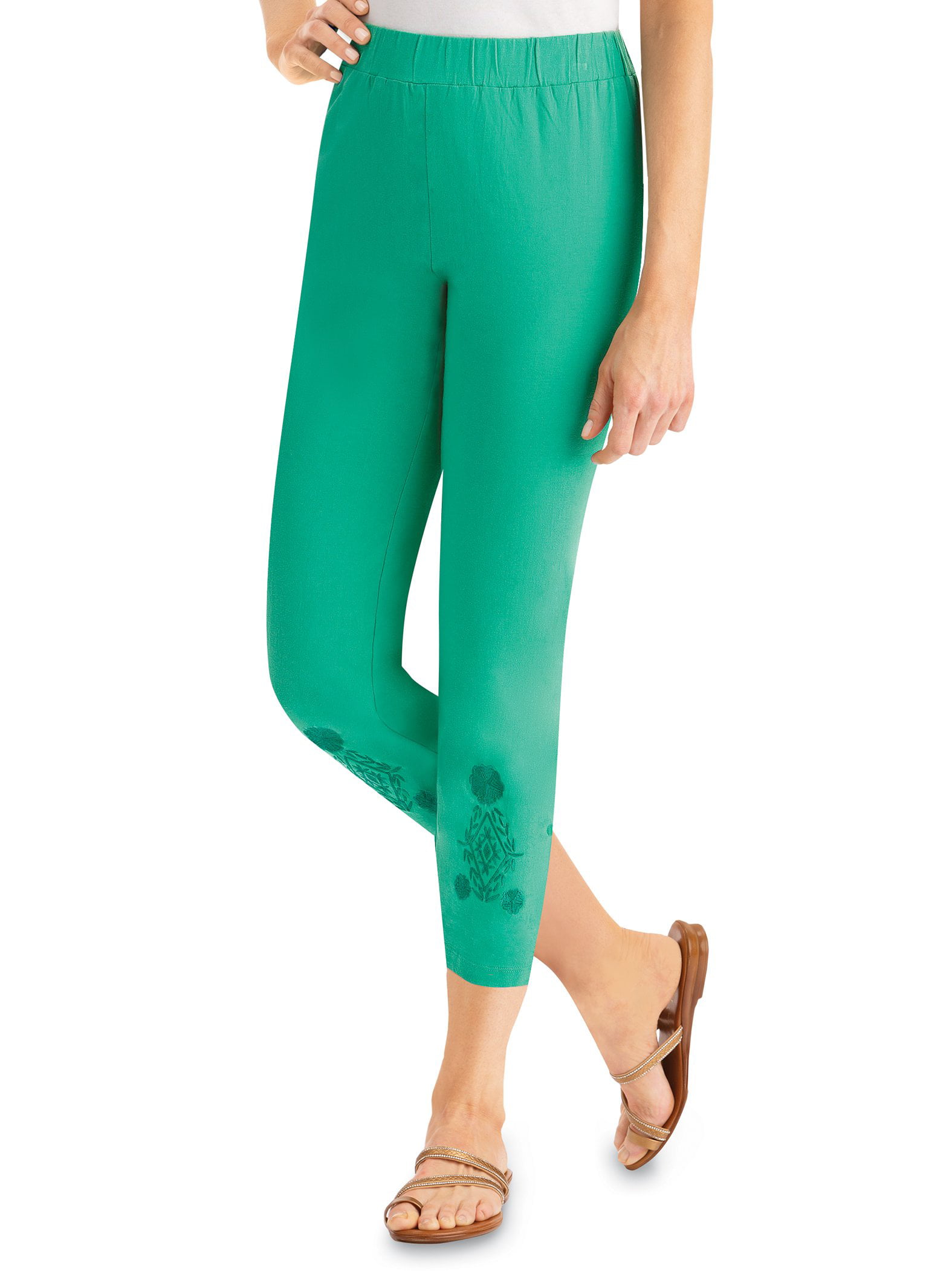 Collections Etc Embroidered Knit Capri Leggings with Elasticized Waist