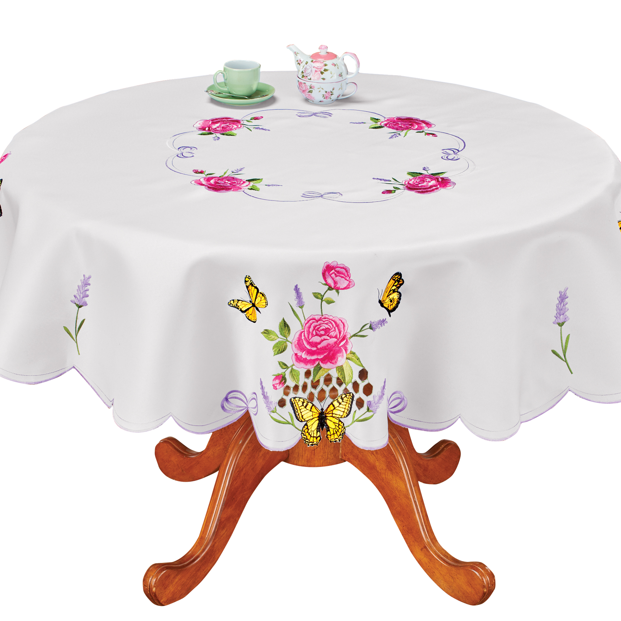 Collections Etc Embroidered Pink Roses & Butterflies Scalloped