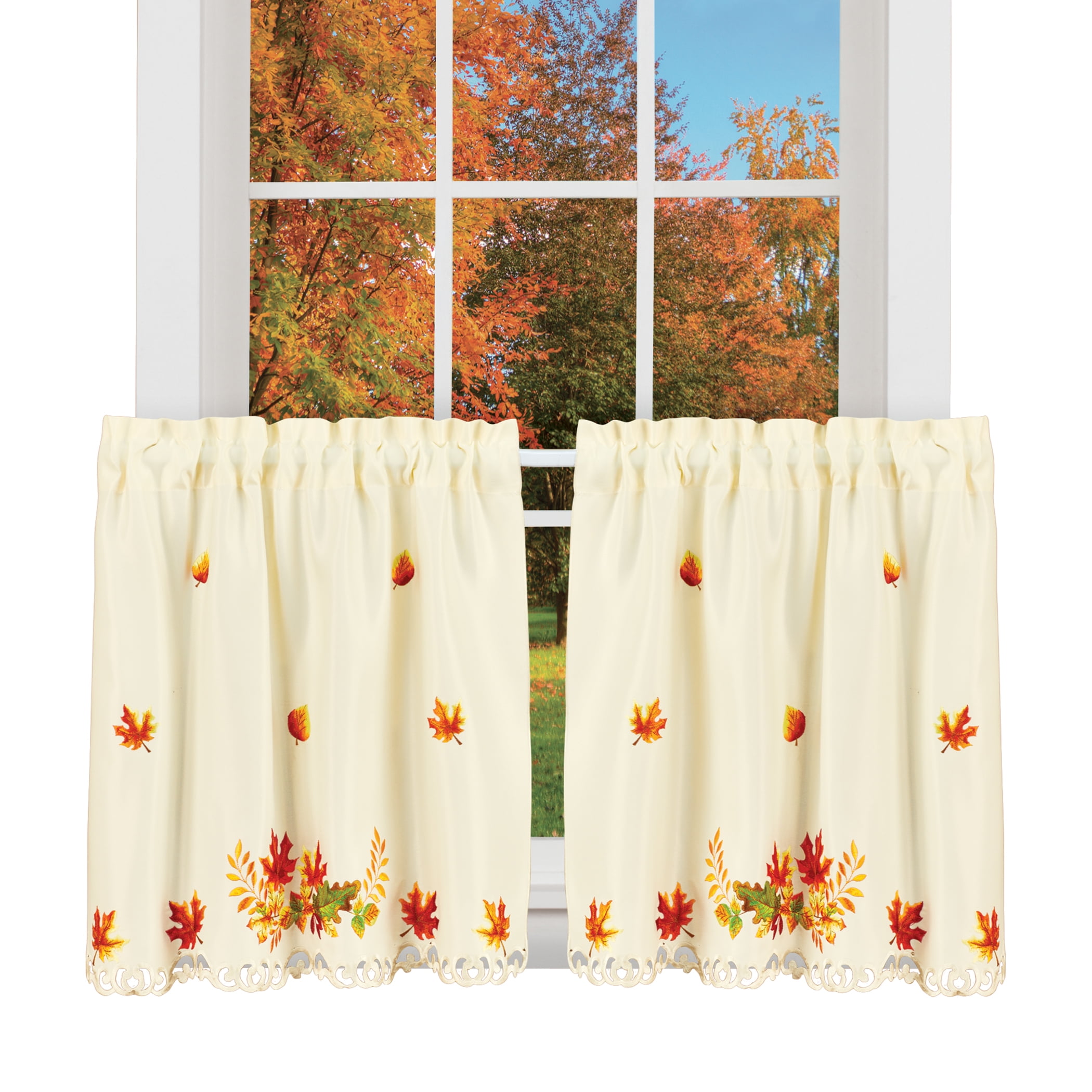 Collections Etc Embroidered Scrolling Autumn Leaves Window Curtains ...