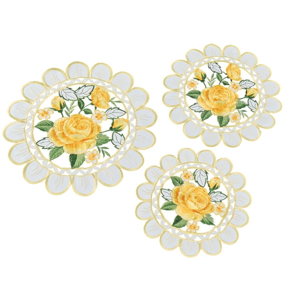 Collections Etc Embroidered Vintage Rose Scalloped Edge Table Linens Yellow Doilies