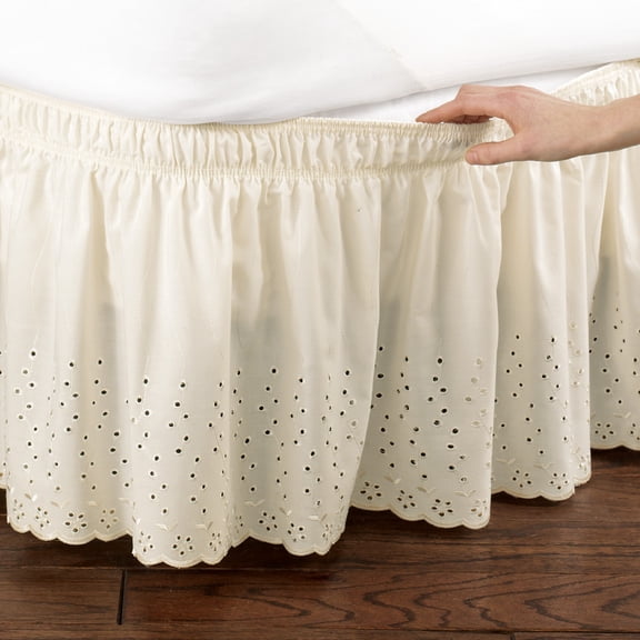 Collections Etc Eyelet Floral Scalloped Elastic Dust Ruffle Bed Skirt, Wrap-Around Easy Fit Design, Ivory, Queen/King