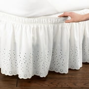 Collections Etc Eyelet Floral Scalloped Elastic Dust Ruffle Bed Skirt, Wrap-Around Easy Fit Design, White, Queen/King