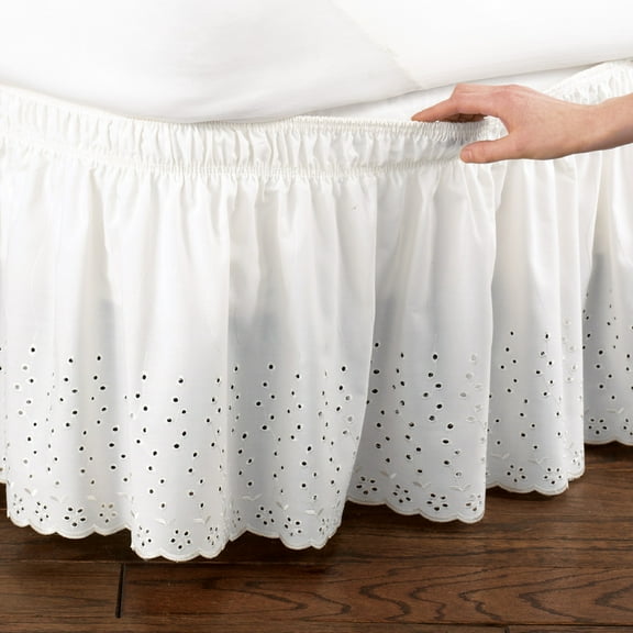 Collections Etc Eyelet Floral Scalloped Elastic Dust Ruffle Bed Skirt, Wrap-Around Easy Fit Design, White, Twin/Full