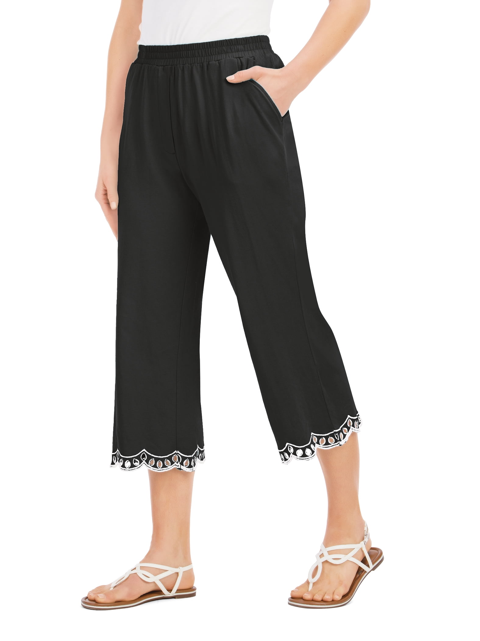 Scalloped Embroidered Eyelet Hem Capris