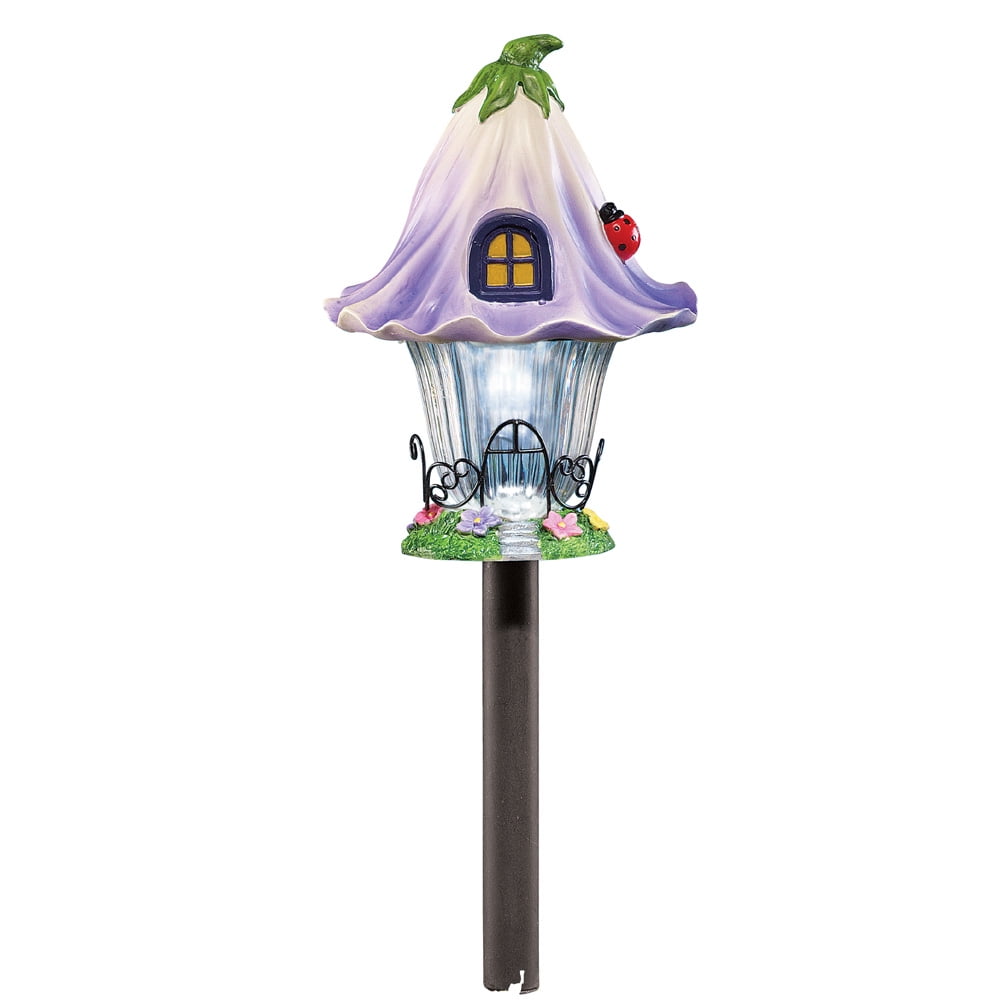Purple Resin Solar Fairy House Garden Light with Flower Roof