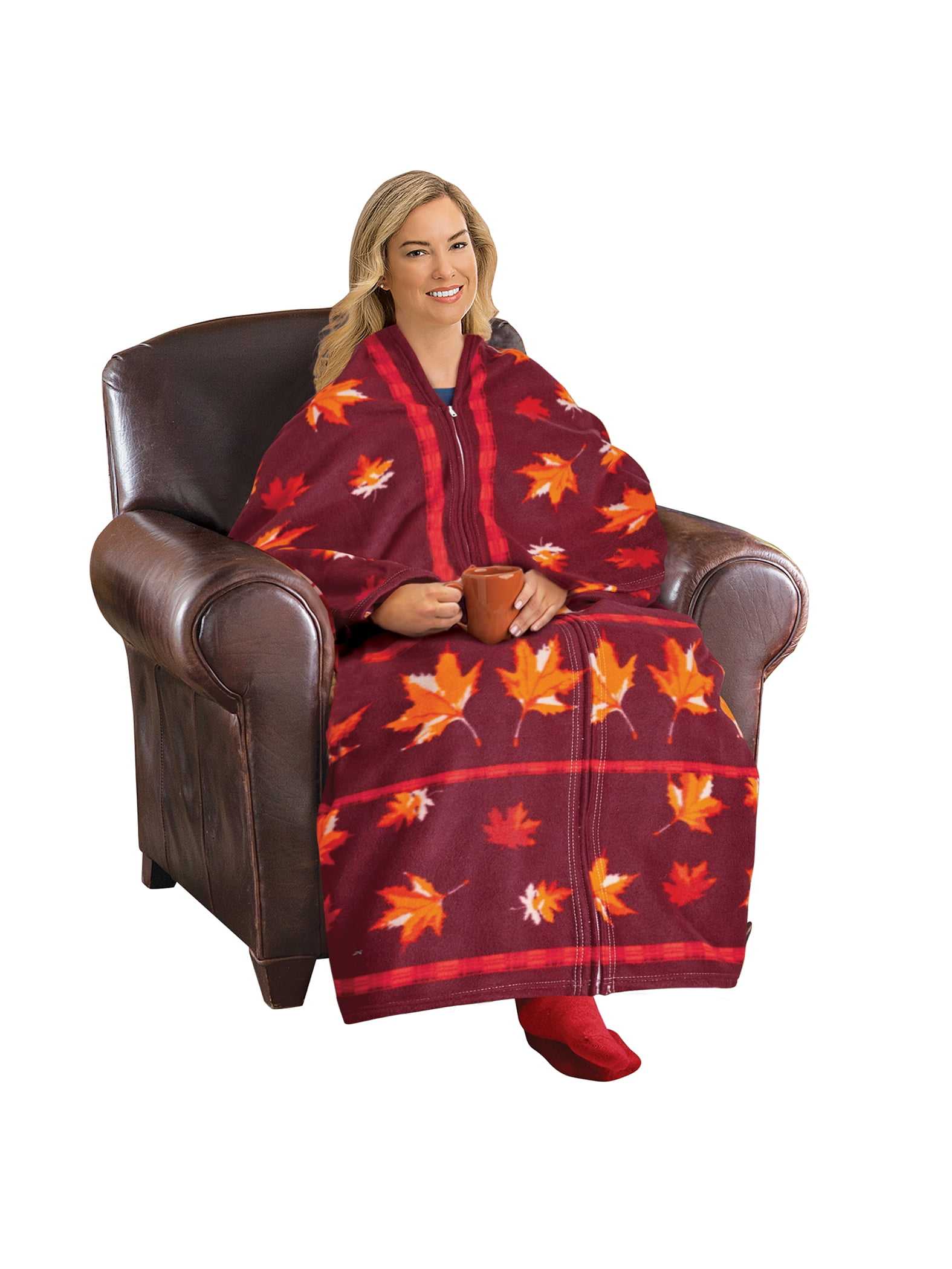 Collections Etc Fall Leaves Zippered Soft Fleece Cuddle Wrap