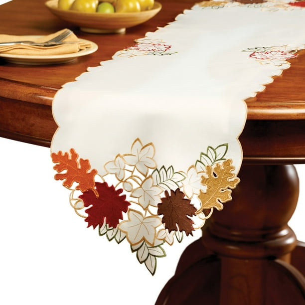 Collections Etc. Fall Table Linens with Colorful, Embroidered Edges and
