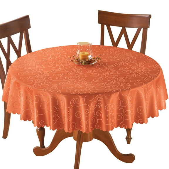 Collections Etc Fancy Scroll Scalloped Edge Festive Tablecloth, Burnt Orange, 70" Round