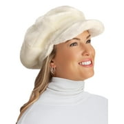 Collections Etc Faux Fur Newsboy Winter Hat, Stylish Plush Cap, White, One Size Fits All
