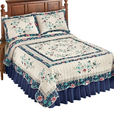 Collections Etc Felicity Multicolored Floral Diamond Ivory Quilt with Scalloped Edges and Navy Border - Microfiber Bedding, Blue/Pink, King
