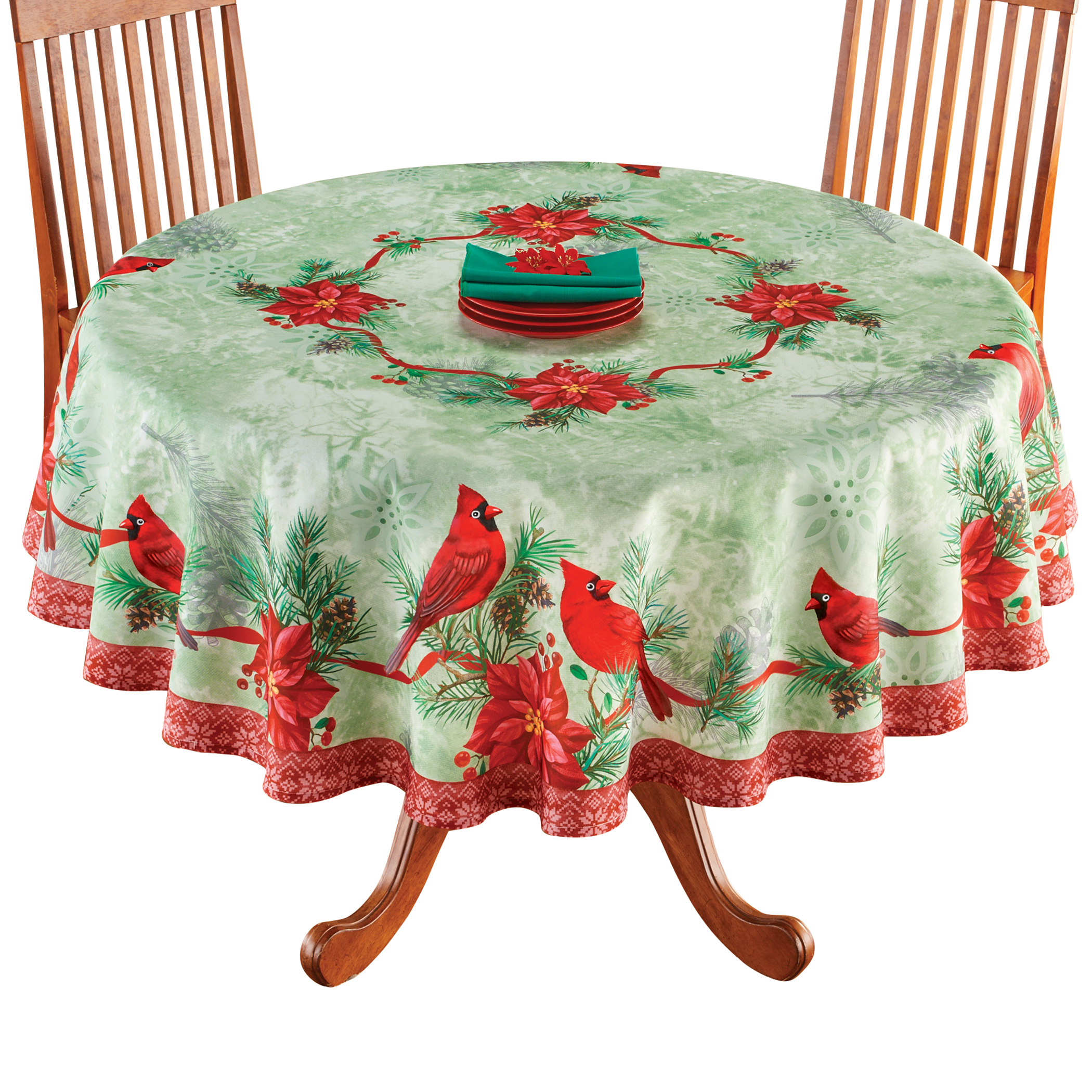 Collections Etc Festive Cardinal Poinsettia Printed Tablecloth