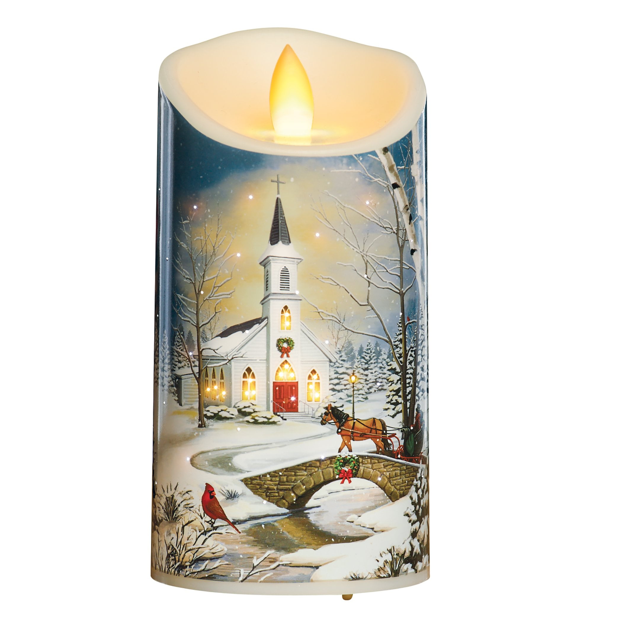 Collections Etc Fiber Optic LED Lighted Winter Church Scene Candle
