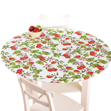 Collections Etc Fitted Elastic No-Slip Fit Table Cover with Soft Flannel Backing, Apples, Round