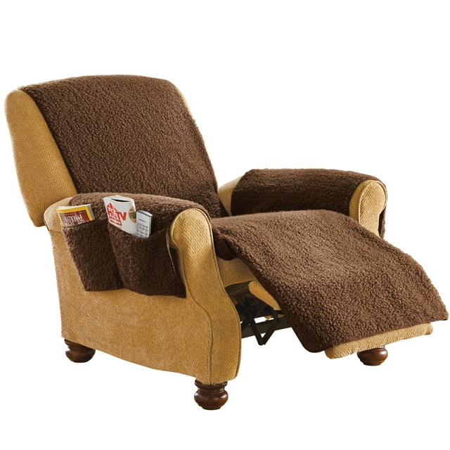 Collections Etc Fleece Recliner Furniture Protector Cover with Pockets, Brown