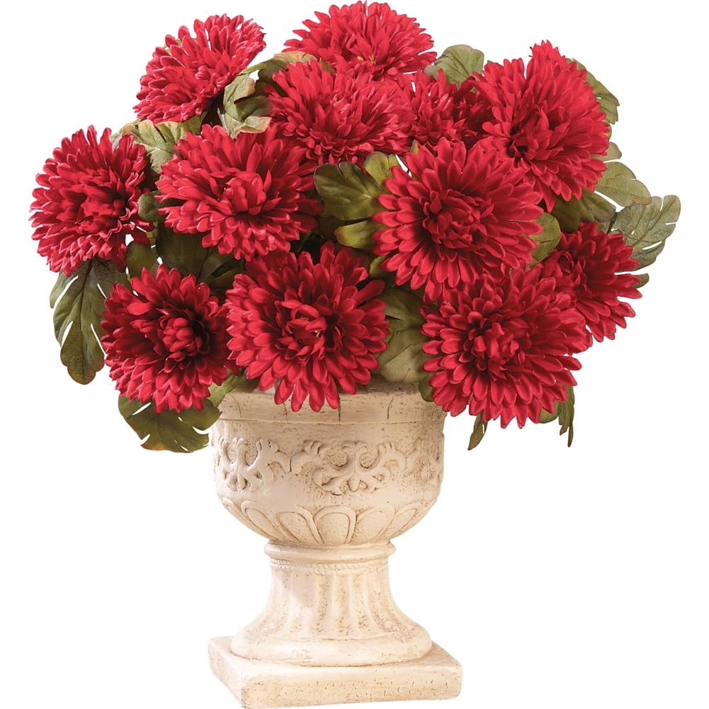 Collections Etc Large Faux Mums Set of 3, Artificial Red Flower Bush