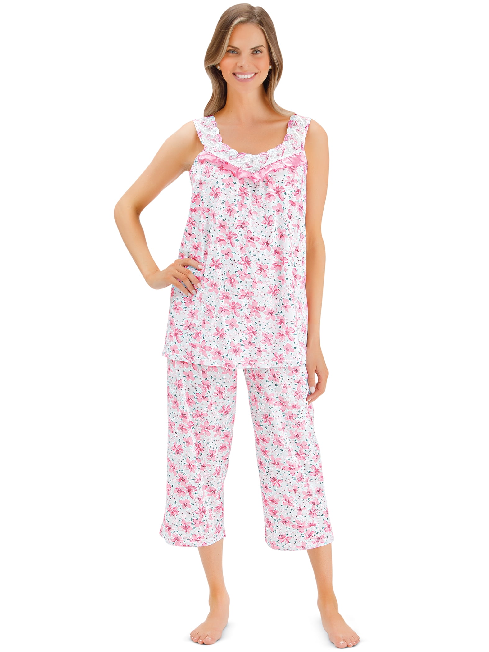 Collections Etc Floral Satin Trim Sleeveless Top & Capri Pajama Set