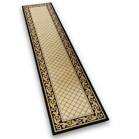 Collections Etc Floral Scroll Basket Weave Rug with Skid-Resistant Backing, Midnight, 26" X 120"