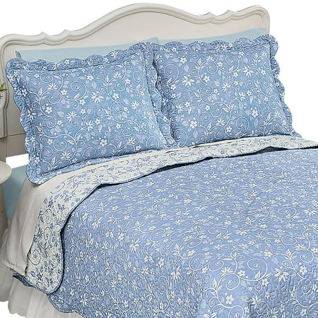Collections Etc Floral Scroll Two-Tone with Scalloped Edges Reversible Pillow Sham, Blue, Sham