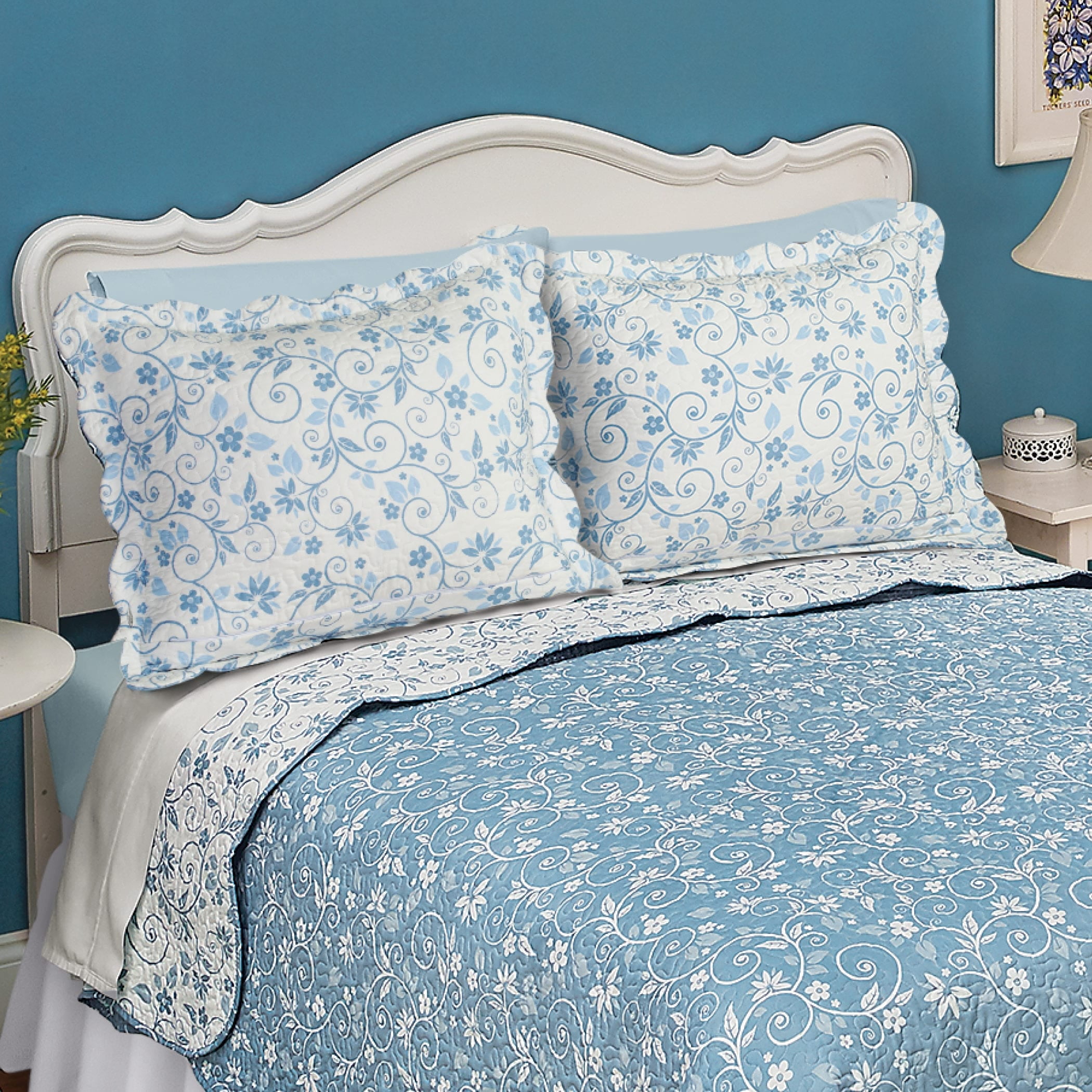 Blue Floral Scroll Reversible Polyester Pillow Sham
