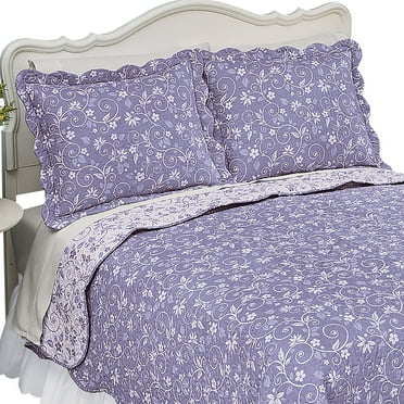 Collections Etc Floral Scroll Two-Tone with Scalloped Edges Reversible Pillow Sham, Lavender, Sham