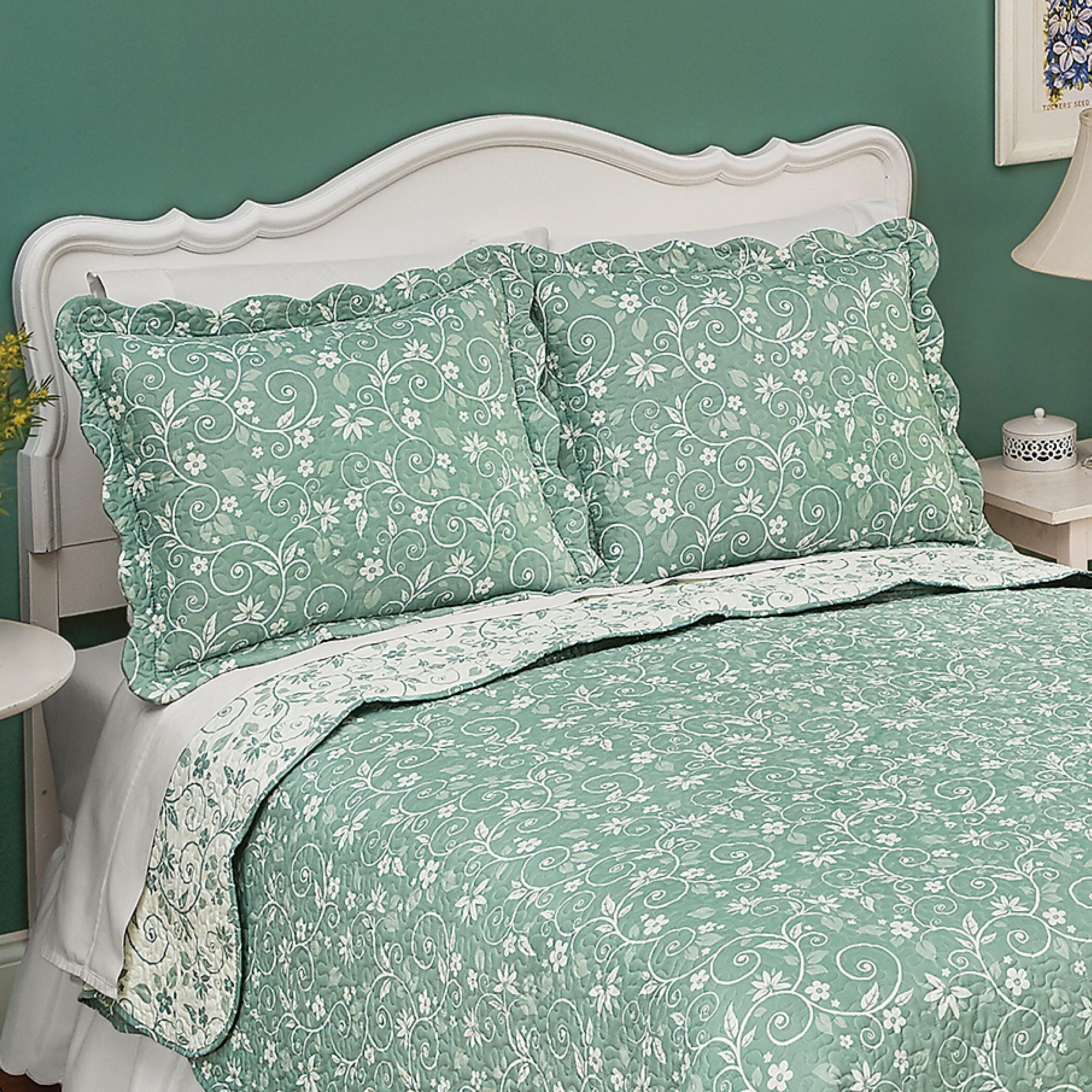 Sage Floral Scroll Reversible Polyester Pillow Sham with Scalloped Edges