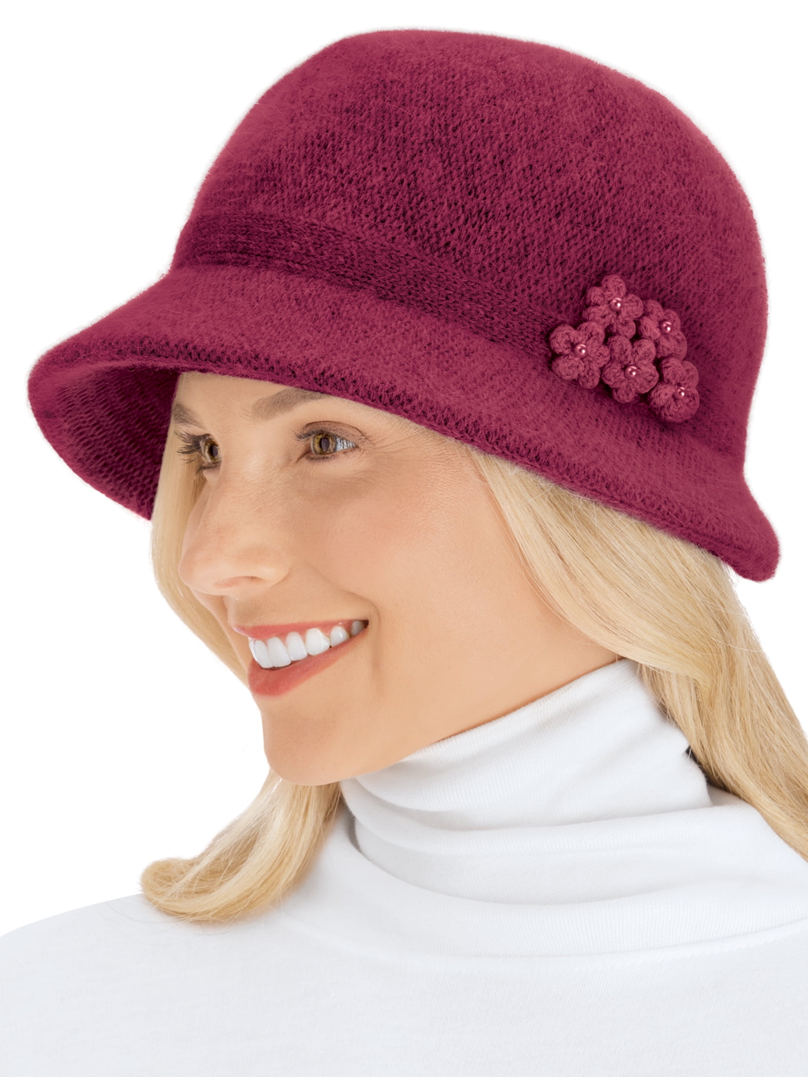 Collections Etc Floral Trimmed Knit Cloche Hat with Fleece Lining