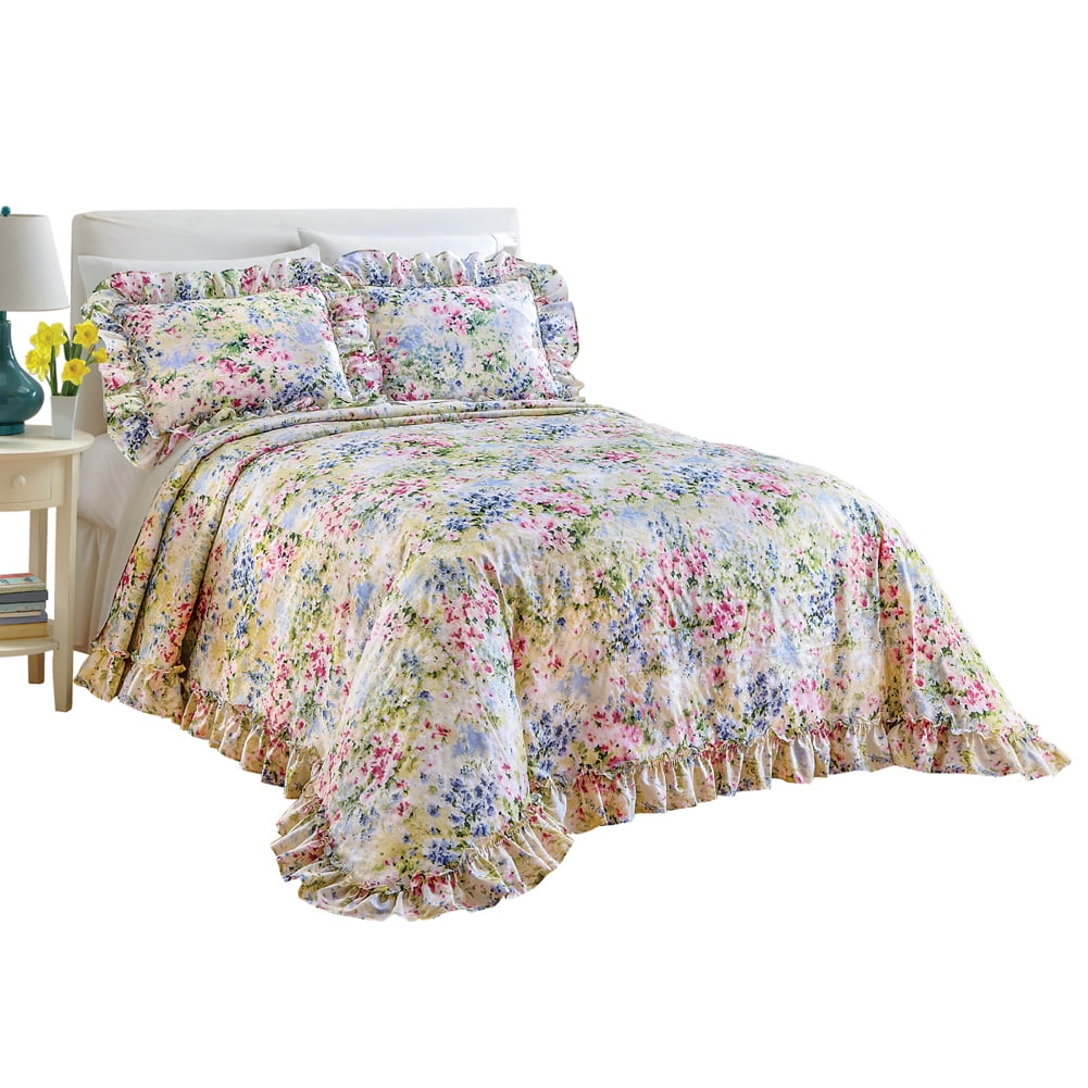 Collections Etc Floral Watercolor Gardenscape Lightweight Plisse Bedspread, Queen