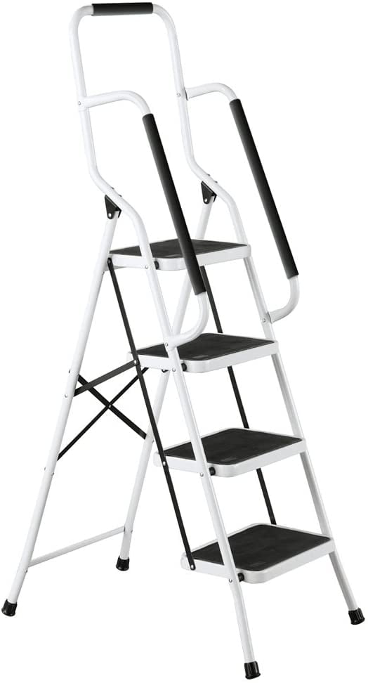 Collections Etc. Folding Anti-Slip Safety Step Ladder with Handrail Grips for Home or Office, Four Steps, 62.5 inches tall, White, White