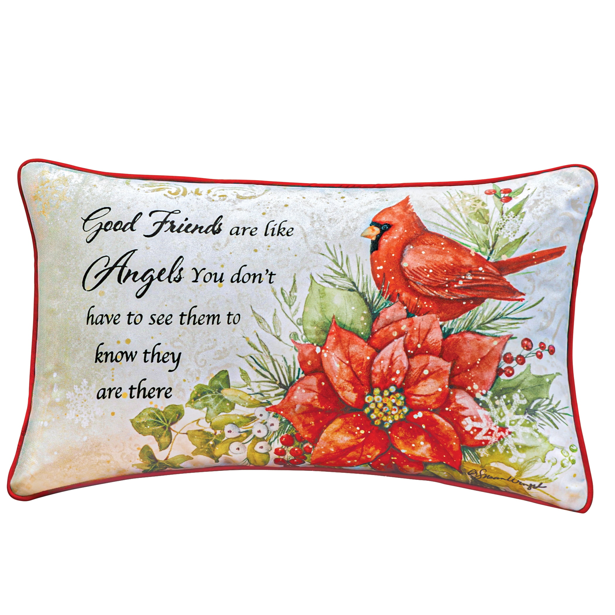 Winter Cardinal and Poinsettia Cream Accent Pillow