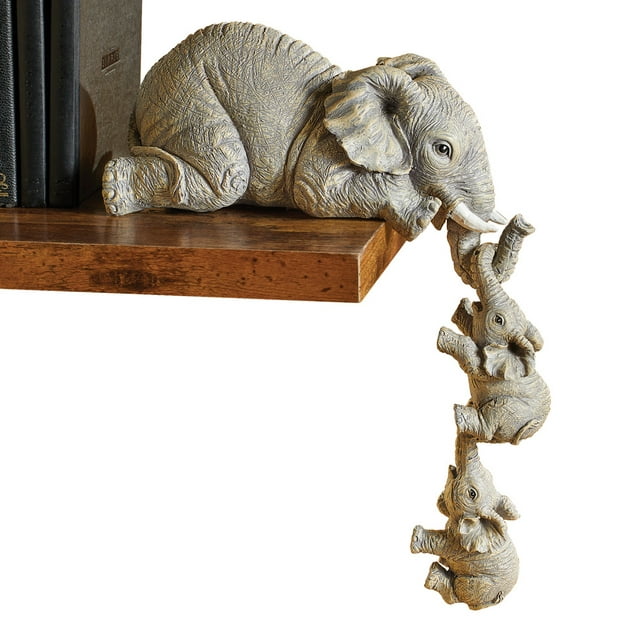 Collections Etc Full Size Elephant Sitter Hand-Painted Figurines - Set of 3, Mother and Two Babies Hanging Off The Edge of a Shelf or Table