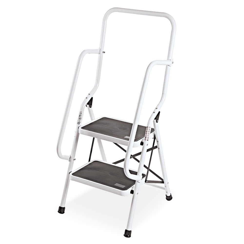 White Steel Folding 2-Step Safety Ladder with Rails