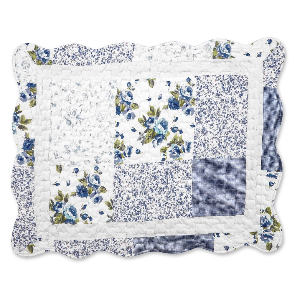 Blue Floral Patchwork Quilted Polyester Pillow Sham