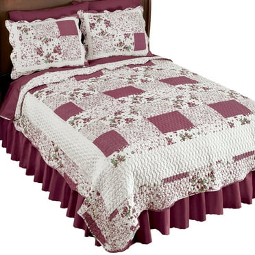 Collections Etc Hadley Floral Patchwork Reversible Lightweight Quilt, Burgundy, Full/Queen