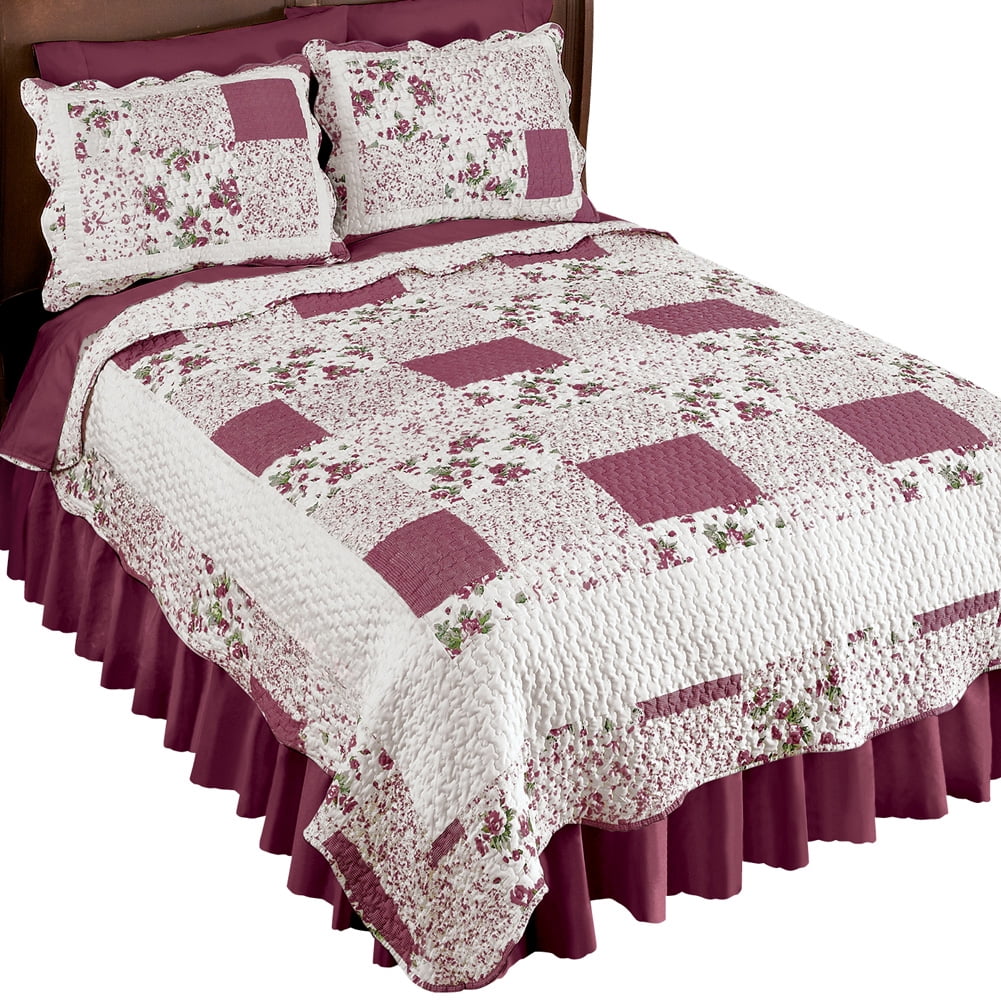 King Burgundy Floral Patchwork Reversible Quilt