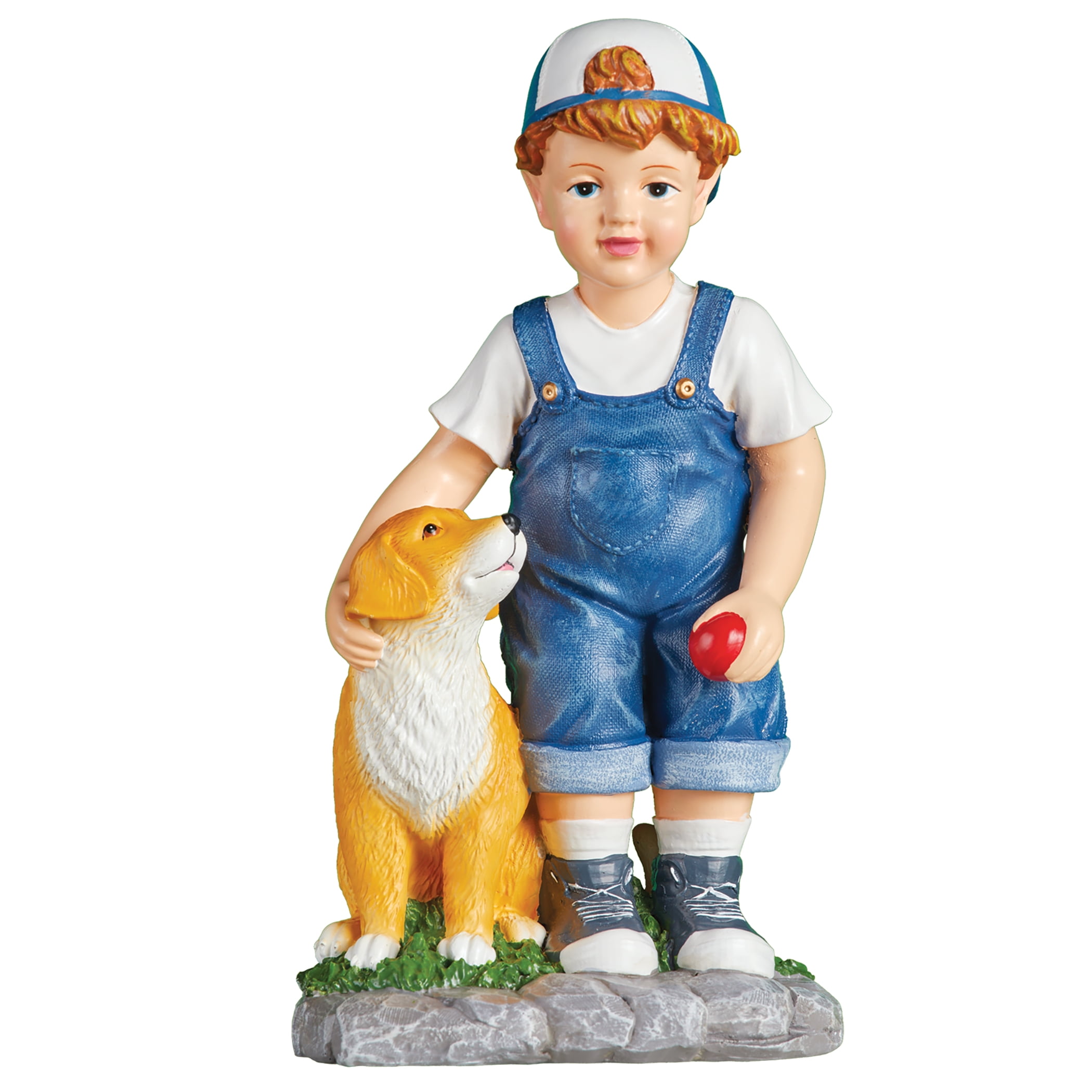 Hand-Painted Boy in Denim Overalls with Dog Garden Statue