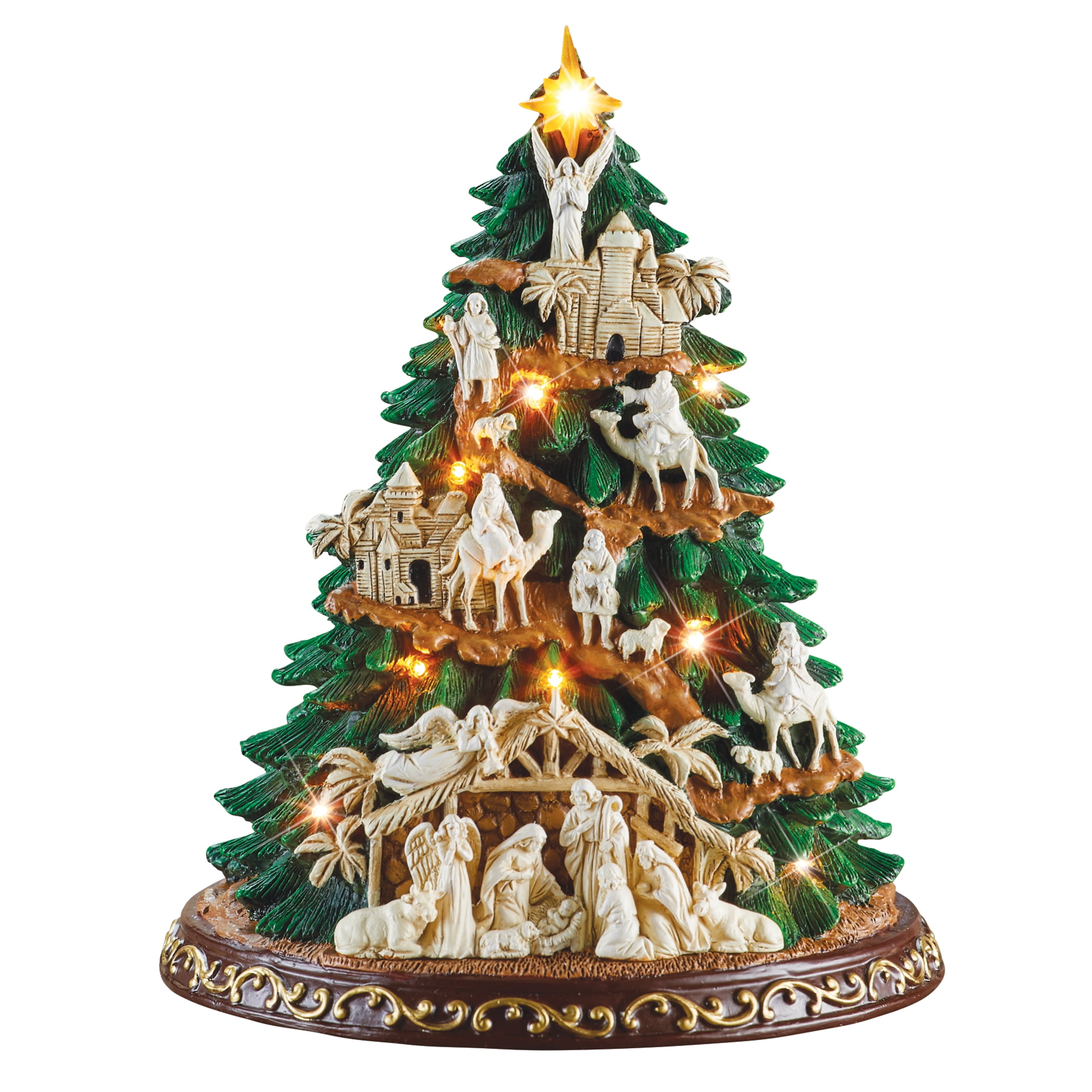 Collections Etc Hand-Painted Lighted Nativity Tree Tabletop Decoration
