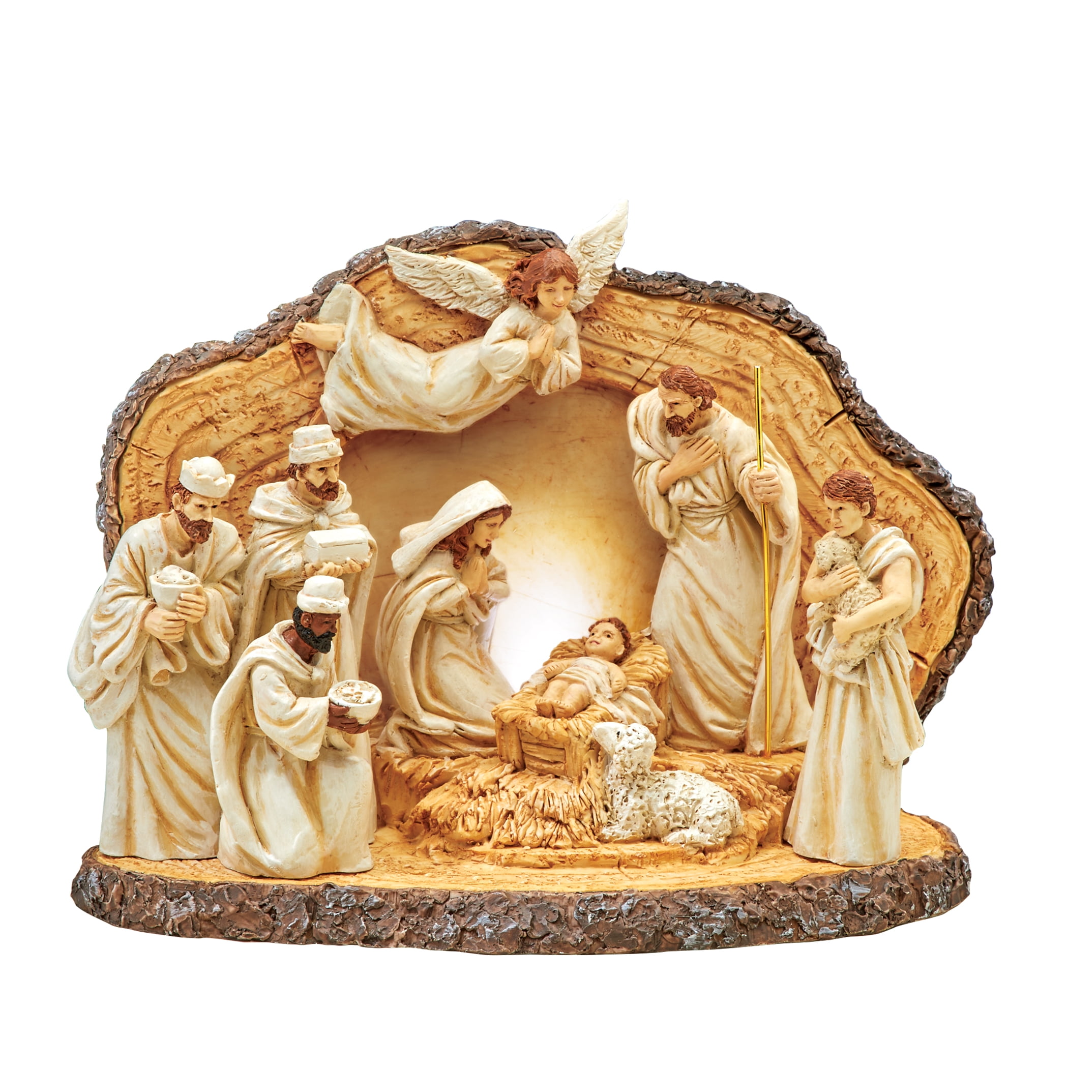 Collections Etc Hand Painted Lighted Rustic Tabletop Nativity Scene