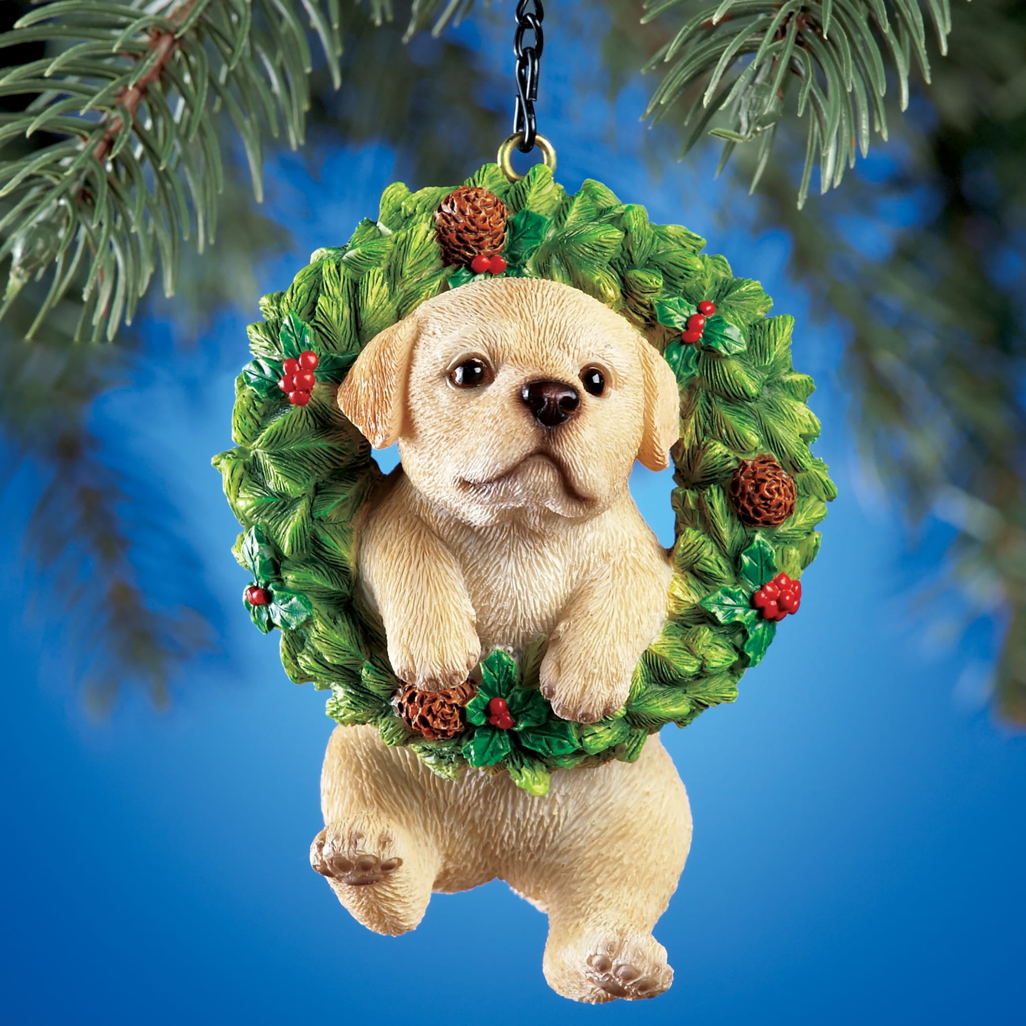 Hand-Painted Labrador in Evergreen Wreath Resin Ornament