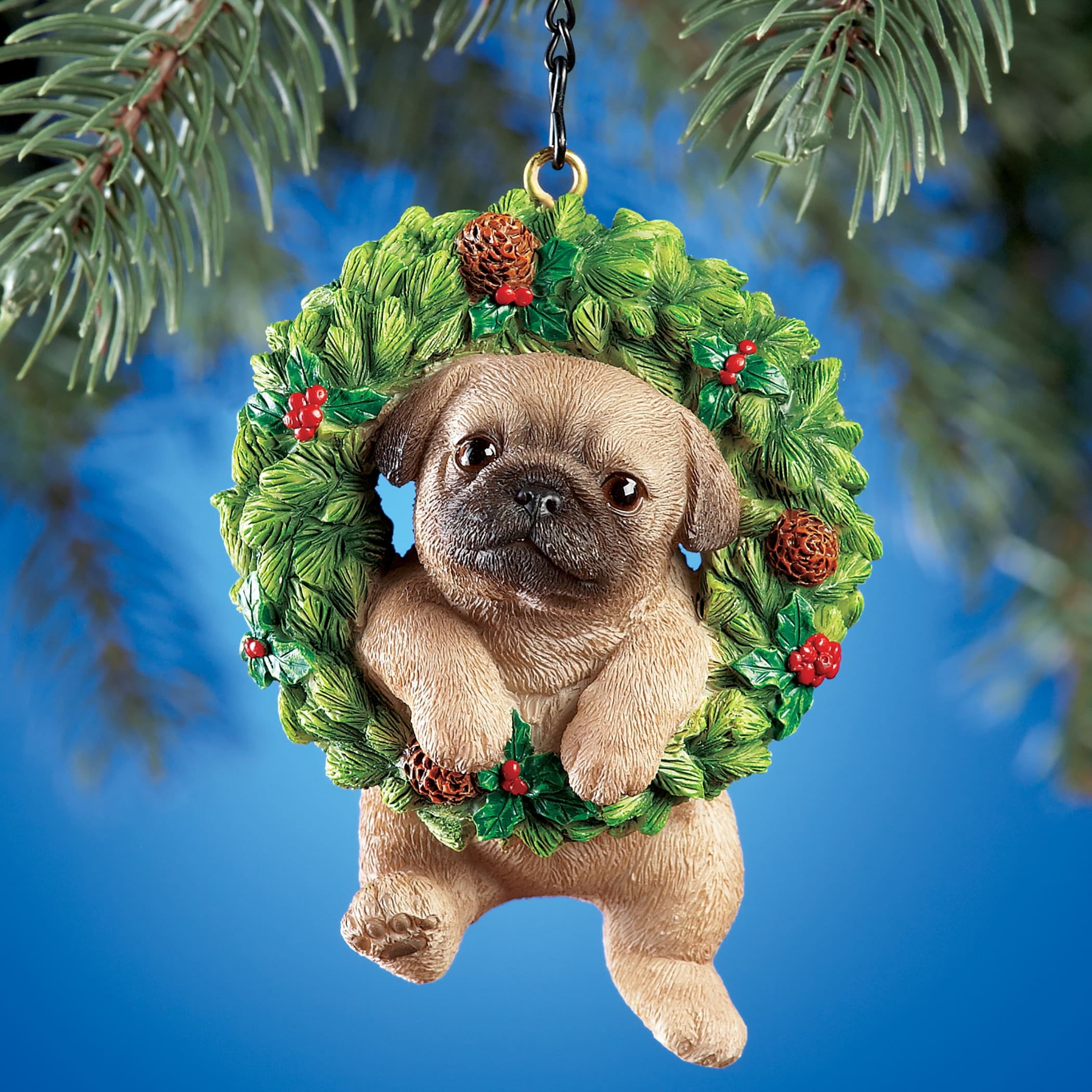 Hand-Painted Pug in Evergreen Wreath Resin Ornament