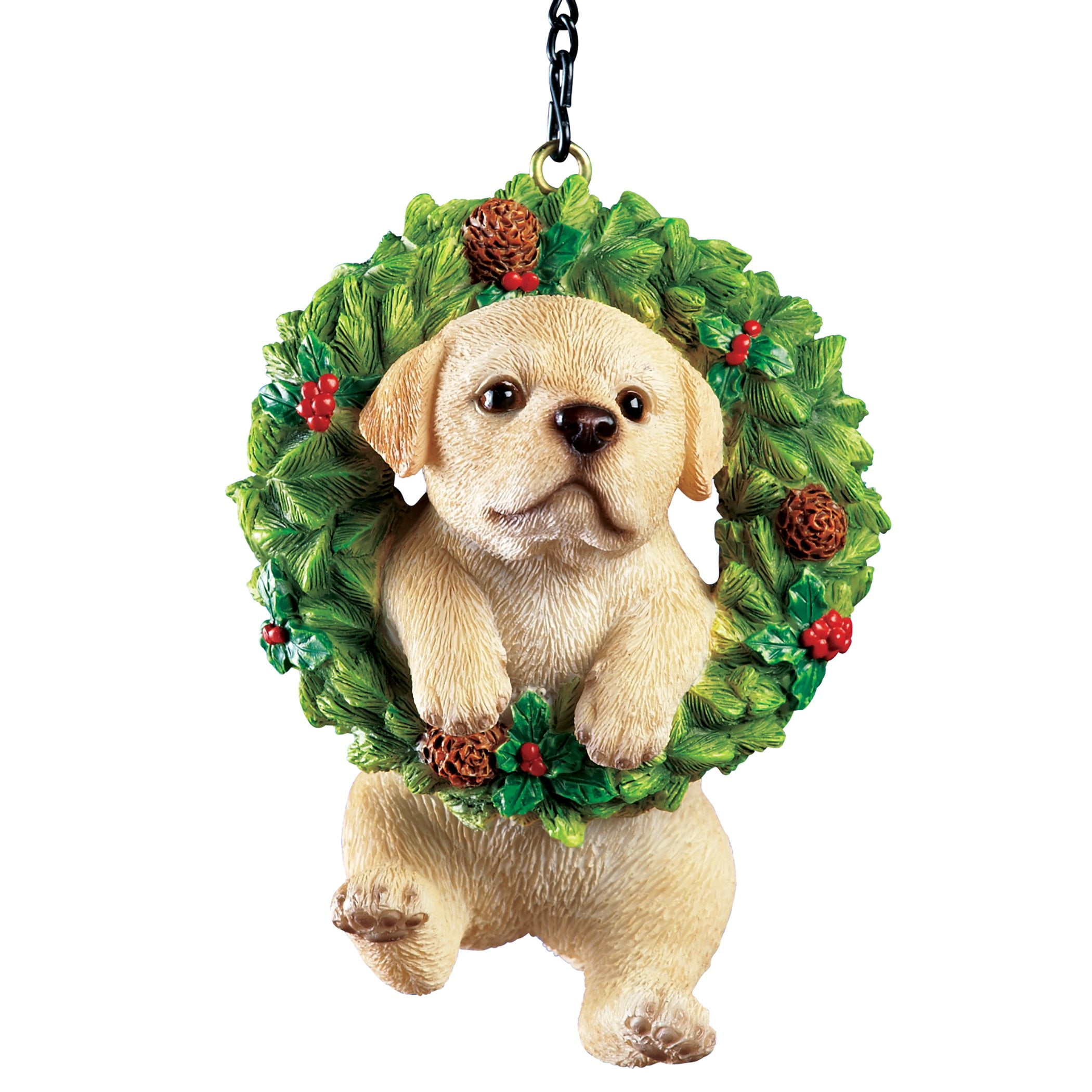 Hand-Painted Labrador in Evergreen Wreath Resin Ornament