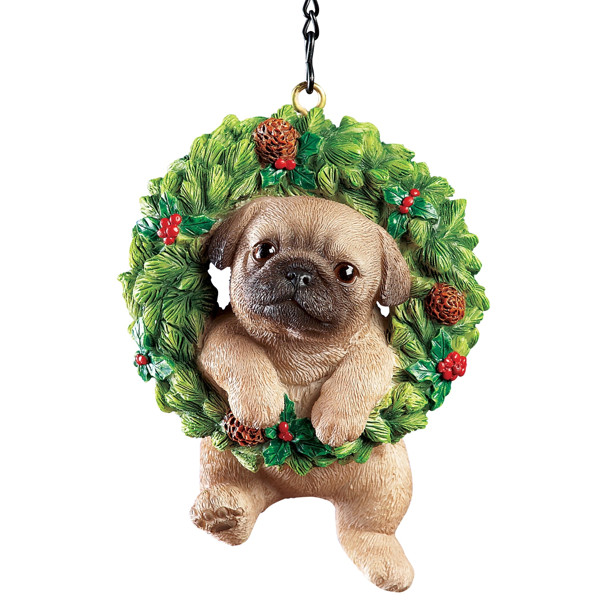 Hand-Painted Pug in Evergreen Wreath Resin Ornament