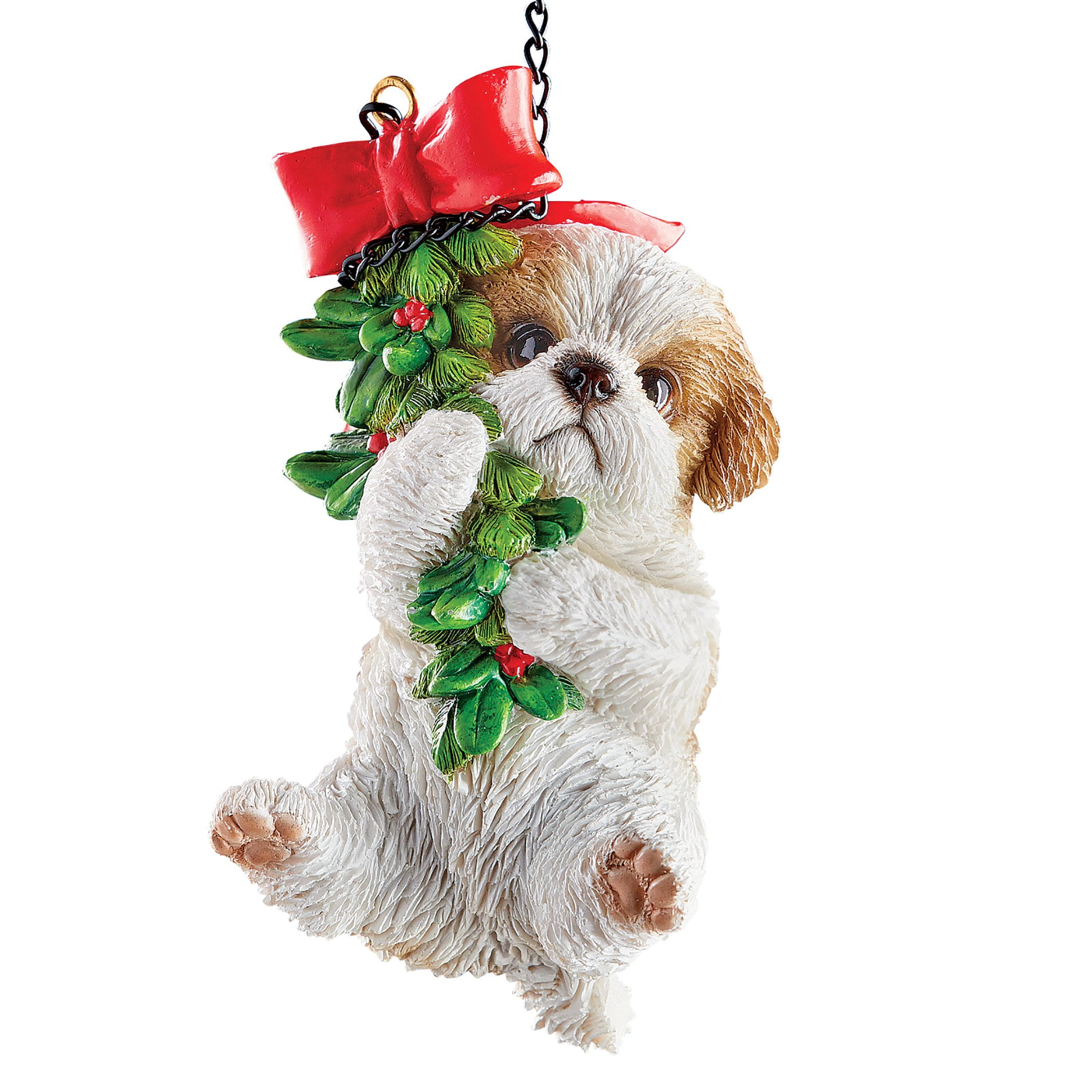 Hand-Painted Shih Tzu Resin Holiday Ornament with Garland