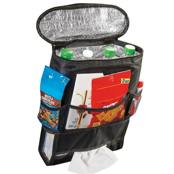 Collections Etc Hanging Back Seat Car Organizer, Storage, and Cooler Bag - Features an Insulated Compartment, 3 Mesh Pockets, Built-in Bottom Tissue Dispenser, Adjustable Top Strap