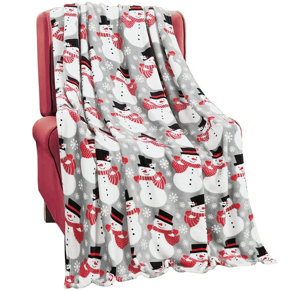Collections Etc Happy Snowman Decorative Soft Fleece Throw Blanket - Grey Holiday Blanket for Living Room or Bedroom