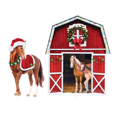Collections Etc Holiday Horse Barn 2-Piece Outdoor Stake Set