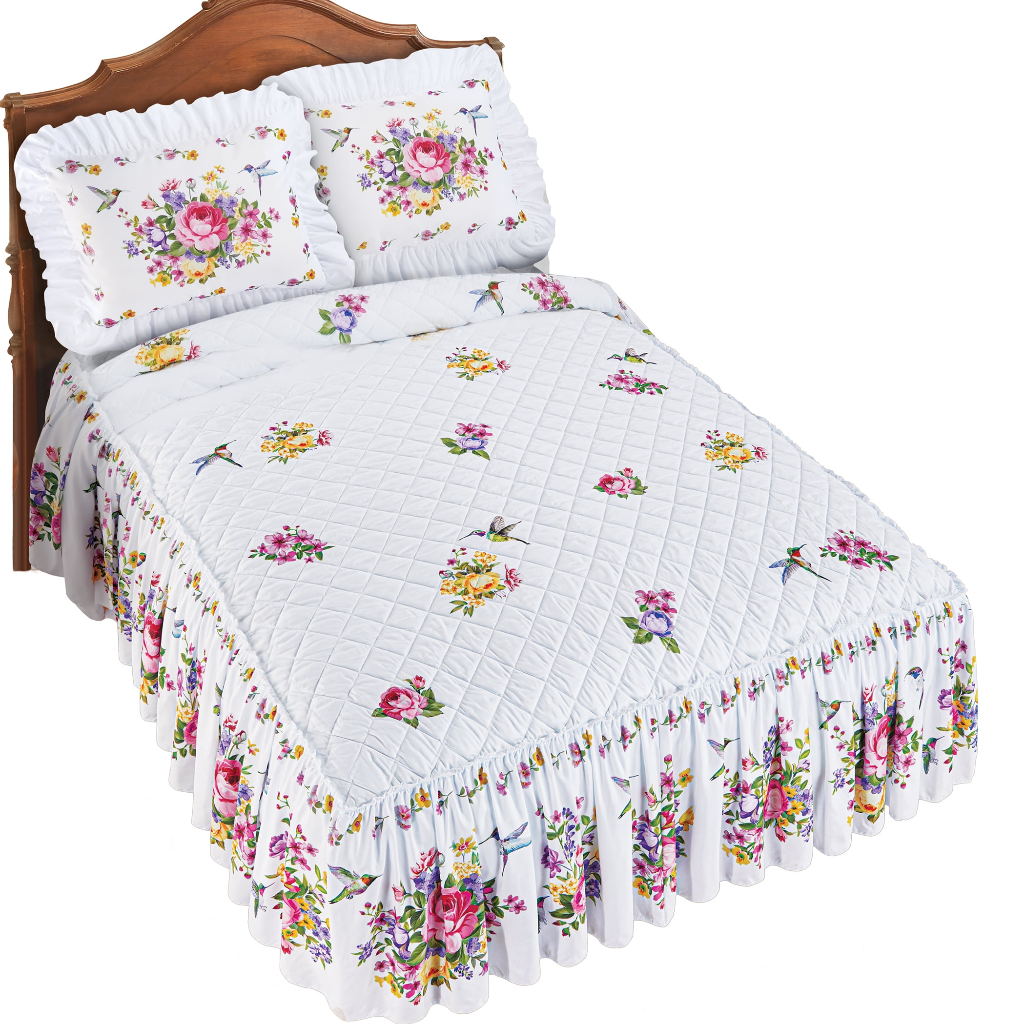 Collections Etc Hummingbird Ruffle Border Quilt-Top Bedspread White Floral King