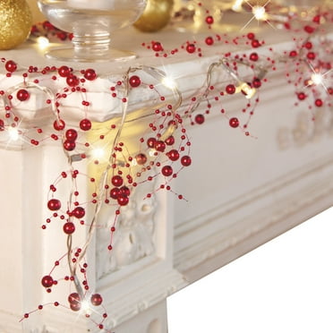 Collections Etc Indoor Christmas Decorations, Festive Lighted Berry Beaded Garland Red- 120"L