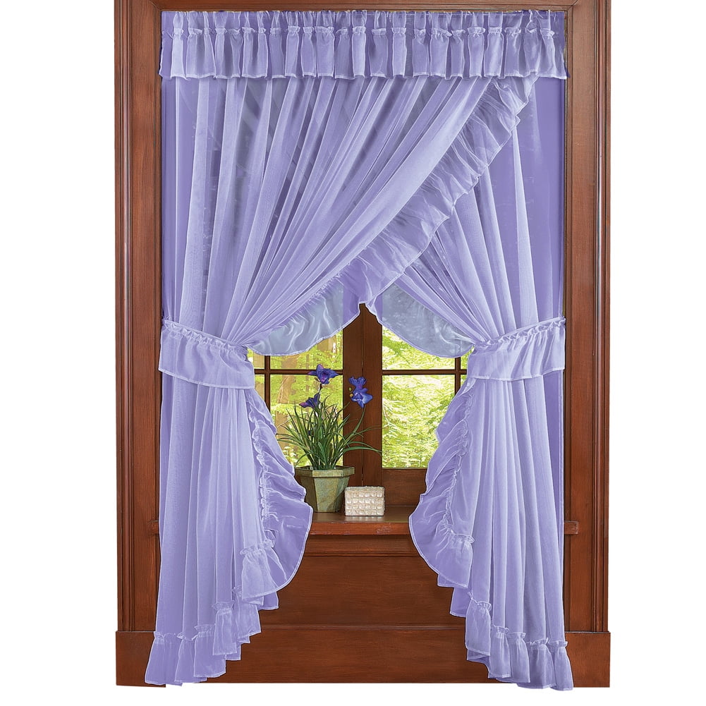 Collections Etc Isabella Ruffled Sheer Fabric Rod Pocket Window Curtain Set, Lilac
