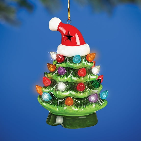 Collections Etc LED Lighted Tree with Santa Hat Christmas Ornament
