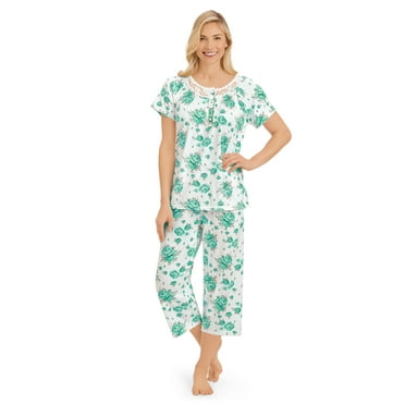 Collections Etc Lace Trim Floral 2-Piece Knit Capri Pajama Set